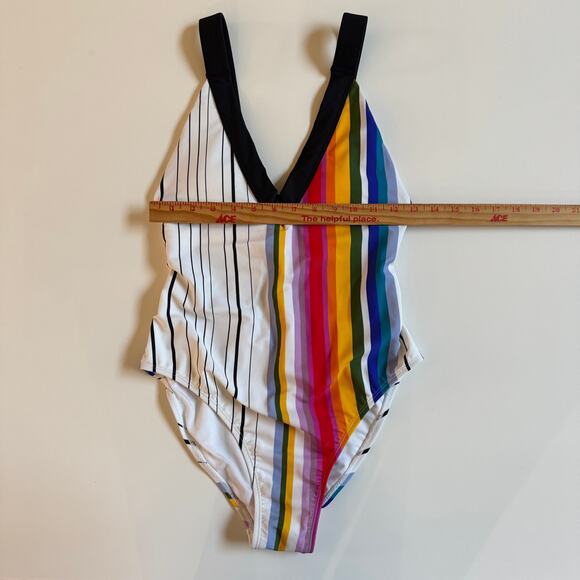 Rachel Roy One Piece Stripe Swimsuit Sz Small NWOT Rainbow Lattice Back Beach - Picture 8 of 9
